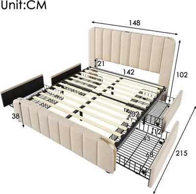 Produktbild von Polsterbett Doppeltes,  Kopfteil mit goldenen Zierstreifen und ,USB Typ-C  140 x 200 cm, mit 4 Schubladen ,Ohne Matratze