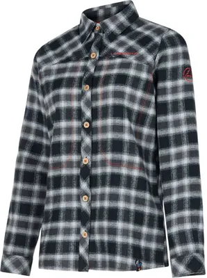 Rambler Flannel Shirt W von La Sportiva; kariertes Damenhemd in Schwarz und Weiß mit Knopfleiste und Logo.