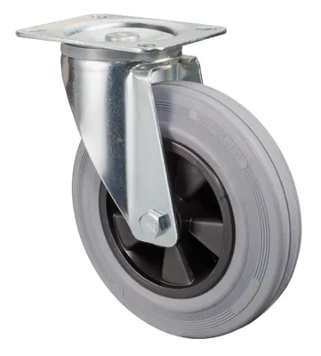 Produktbild von BS Rollen Transportrolle, Lenkrolle, Rad-Ø 125 mm, Tragf. 100 kg, Gummi grau, Bauhöhe 155 mm, Rollenlager