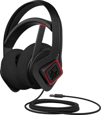 A black gaming headset with red accents and a USB cable.