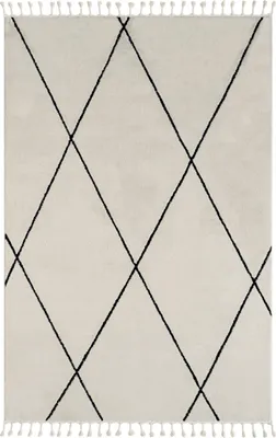 Image de Tapis rectangulaire de 160x230 cm, collection "Charme Marocain", couleur blanc et noir, composition : polyester/polypropylène