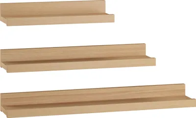 Three wooden shelves of varying lengths are displayed against a white background.