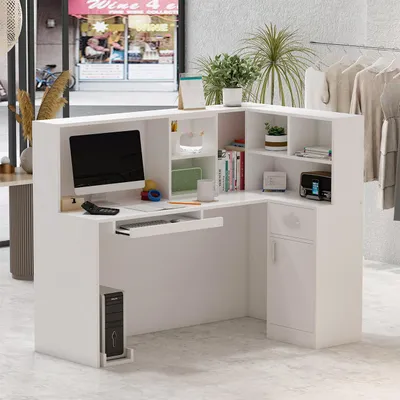 Produktbild von L-Eck Empfangstheke 140x80x120cm Weiß, Eckkasse mit abschließbarer Schublade & PC-Halter, Eck-Empfangstisch mit Tastaturablage