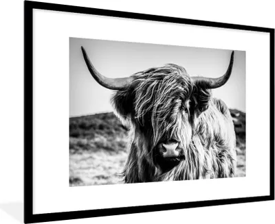 Produktbild von MuchoWow® Gerahmtes Poster Schottischer Highlander - Natur - Kuh - Schwarz - Weiß 90x60 cm - Poster mit Schwarzem Bilderrahmen Wandposter Rahmen Foto Bilder - Wanddekoration - Fotos