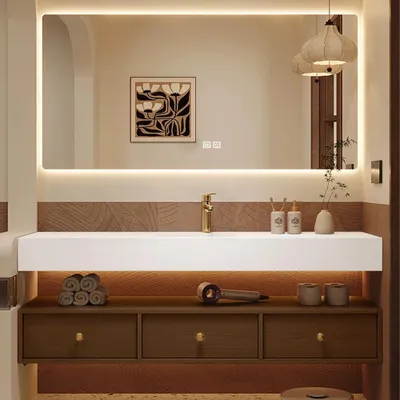Produktbild von Elegantes Badezimmer-Set – Weißes Sinterstein-Waschbecken mit braunem Schrank, LED-Antibeschlagspiegel & 3 geräumige Schubladen 120×55cm【C805】【YTC805】