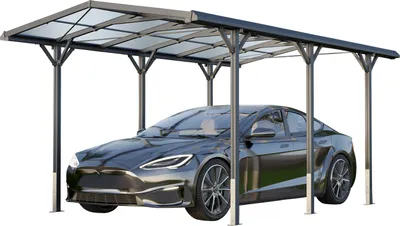 A modern carport structure with a transparent roof, sheltering a dark-colored car.