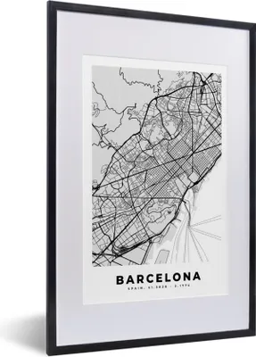 Produktbild von MuchoWow® Gerahmtes Poster Barcelona - Stadtplan - Karte - Schwarz und weiß 40x60 cm - Poster mit Schwarzem Bilderrahmen Wandposter Rahmen Foto Bilder - Poster in Rahmen