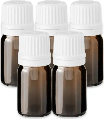 Produktbild von 5x Glasflasche braun 5 ml mit weißem Tropfeinsatz Probefläschchen leer