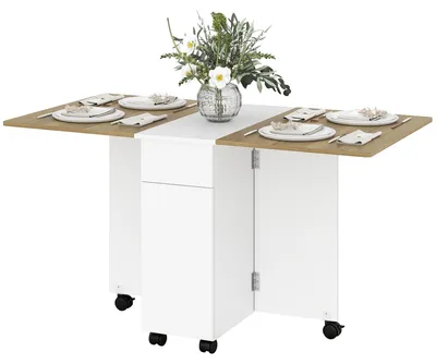 Produktbild von Klappbarer Esstisch fš¹r 6 Personen, Kš¹chentisch auf Rollen mit 2 Schubladen und 2 Schr?nken, 140 x 76 x 74 cm, wei?