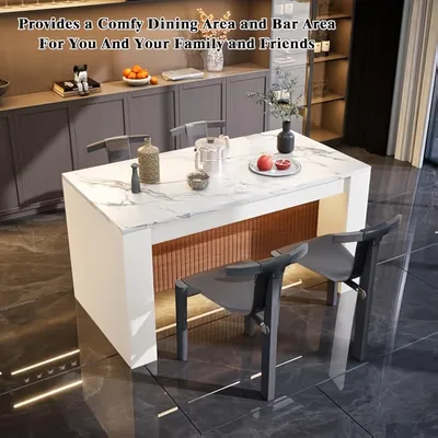 Image de Table de salle à manger blanche moderne avec motifs imitant le marbre, pour 6 à 8 personnes