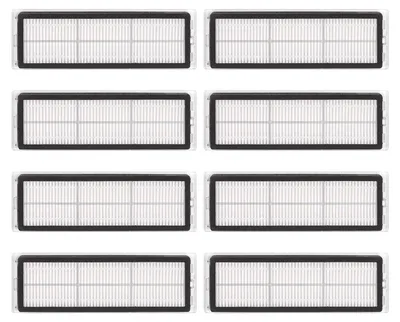 A grid of eight identical white and black vacuum cleaner filters against a white background.