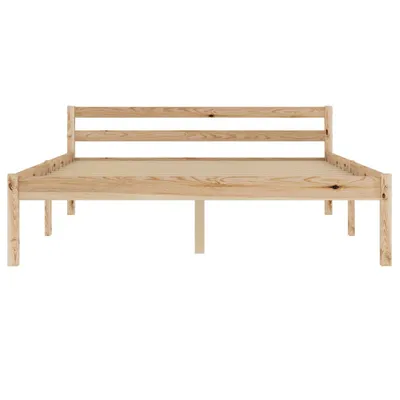 A wooden bed frame with a slatted base and a headboard with three horizontal bars, shown against a white background.
