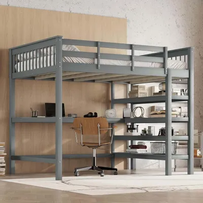 Image de AIORBER Lits superposés,140 x 200 cm, avec bureau et étagère, en pin & MDF,peu encombrants et sûrs, pour chambres d'enfants & appartements d'étudiants,Gris