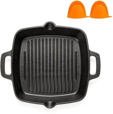 Produktbild von WELL GRILL, Gusseisenpfanne, 30 cm, Gusseisenpfanne mit Griffen, rechteckige Bräterpfanne, vorgebrannte Steakpfanne, Grill