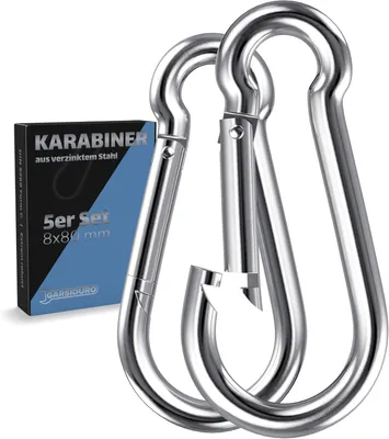 Productafbeelding van Carabiner Haak 5 Stuks, 8x80 mm, Gegalvaniseerd Staal, Draagkracht tot 200 kg, voor Camping