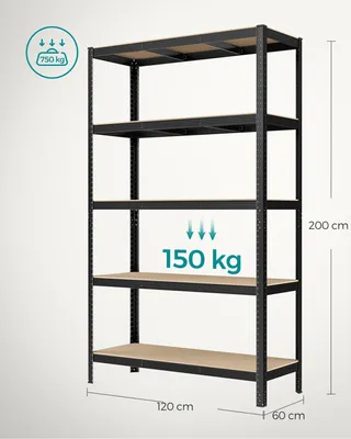 Produktbild von SONGMICS Schwerlastregal, 2er Set, Kellerregal, Lagerregal, 200 x 120 x 60 cm, Steckregal, jeweils bis 875 kg belastbar und 5 verstellbare Ablagen, verstärktes Stahlgestell, schwarz GLR060B02