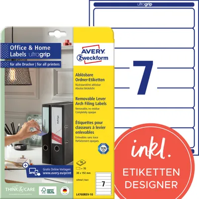 Image de AVERY Zweckform L4760REV-10 Étiquettes pour dos de classeurs AVERY Zweckform, 38 x 192 mm, blanches