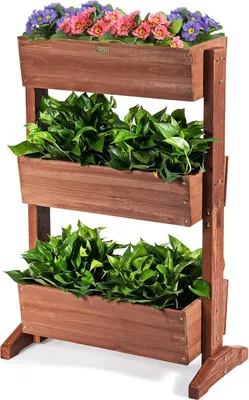 A three-tiered wooden planter filled with plants and flowers, set against a white background.