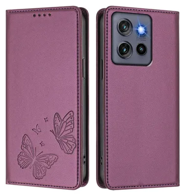 Image de Étui en cuir pour Motorola Edge 60 Neo/Edge 50 Neo, motif papillon, étui à rabat avec porte-appareil, violet