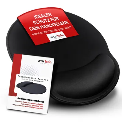 Produktbild von wortek Mauspad mit Gelkissen aus Memoryschaum - 23x26cm - Ergonomisches Mousepad mit Handauflage - vernähte Kanten - Maus Pad mit Handballenauflage für schonende Haltung - Schwarz