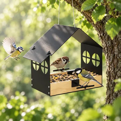 Productafbeelding van Vogelvoederhuisje, metaal, vogelhuisje om op te hangen voor balkon en tuin