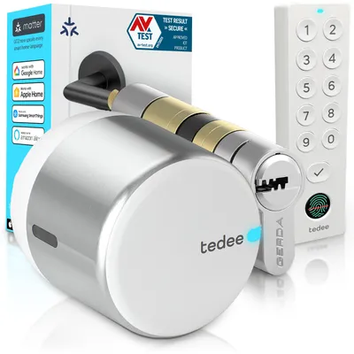 Obrázek produktu pro Tedee GO2 Alu s Keypad PRO a vložkou Gerda EXXO Smart – Chytrý zámek, otisk prstu, bezpečnostní třída 6, bezklíčový vstup, Matter, Apple HomeKit