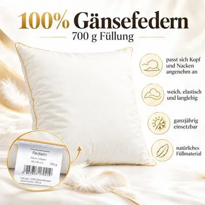 Produktbild von Federkissen 50x50 cm | Kissenfülung 700g 100% Federn | Kissen mit Zertifikat | Bezug 100% Baumwolle