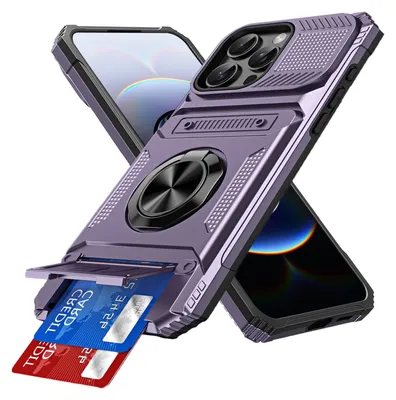 Produktbild von Dual Layer Hülle für iPhone 13 Pro mit Kartenhalter, Magnetische Ring Ständer Militärschutz Stoßfeste Handyhülle Lila