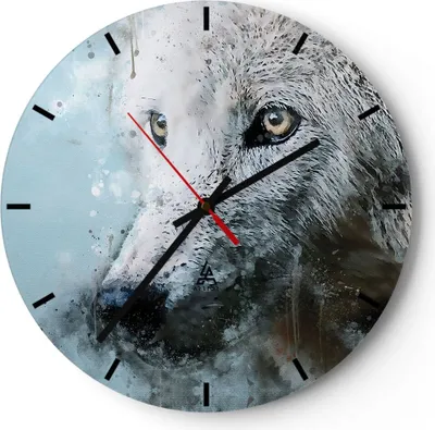 Produktbild von Wanduhr - Rund - Glasuhr - Weiß Der Wolf Bild - 30x30cm - Schleichendes Uhrwerk - Lautlos - zum Aufhängen bereit - Dekoration Modern - Wanddekoration aus Glas - C3AR30x30-4623