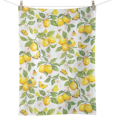 Imagen del producto de Paño de cocina, toalla de cocina, 50x70 cm, estampado de limones frescos y mariposas, color blanco