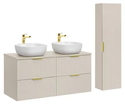 Produktbild von Badezimmer-Set NOXERA 120 cm – Kongo-Braun – 2 Aufsatzbecken + 4 Schubladen + hängender Schrank