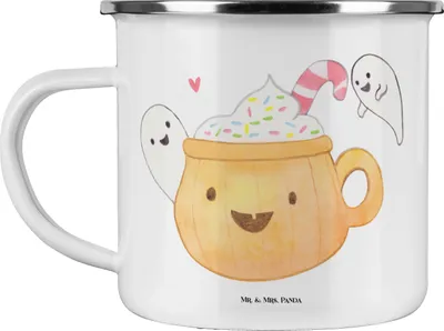 Produktbild von Mr. & Mrs. Panda Teetasse Kaffee Gespenst - Weiß - Geschenk, Teebecher, Pumpkin Spiced Latte, Emaille Becher, Pott, Tasse, Halloween, Dekoration, Trick Or Treat, Deko