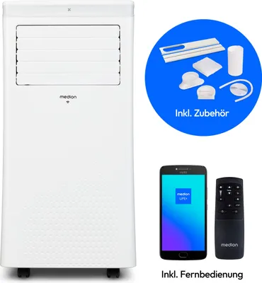 Produktbild von MEDION Smarte Mobile Klimaanlage mit Abluftschlauch P1002 (10000 BTU, mobil, inkl. Fensterabdichtung, bis 34m², 3in1 Kühlen Entfeuchten Ventilieren, App- und Sprachsteuerung, Schlafmodus, MD 37733)