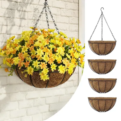 Produktbild von Set mit 4 Hängeblumentöpfen (30 cm), mit Kokosfasereinsatz und Kette, Hängepflanzgefäß, Metall-Hängetopf für Zimmerpflanzen, Dekoration für Balkon, Garten und Terrasse