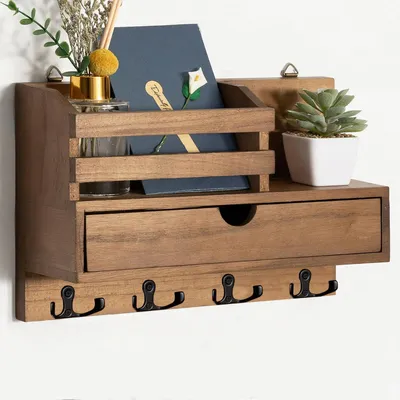 Produktbild von Schlüsselbrett aus Holz mit Ablage und Schublade, 4 Doppelschlüsselhaken, Wandmontage, für Eingangsbereich, Flur, Wohnzimmer, Büro – Braun