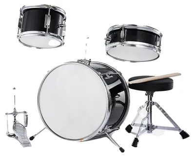Produktbild von Kinder Schlagzeug, 3-teilige Set, verstellbarer Thron und Drumsticks, Schwarz