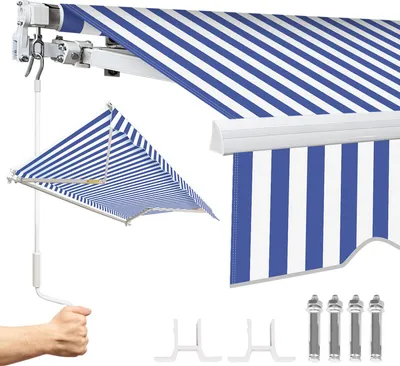 Produktbild von Faziango Markise 350 x 300 cm  Beschattung Terrasse & Balkon - Gelenkarmmarkise mit Kurbel & Halterung Sonnenschutz Balkonmarkise Gelenkmarkise Blau Weiß