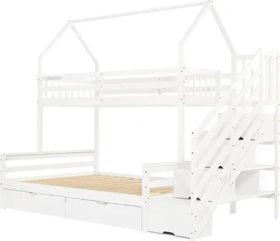 Produktbild von Hochwertiges Kinder-Etagenbett mit Treppenschrank und Rollschubladen, Sicherheitsgeländer, Dachdesign, aus Kiefer & MDF, weiß, 90x200 & 140x200 cm