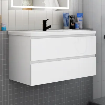 Produktbild von Badmöbel Set HUTI-Serie 100cm Mineralguss Waschbecken mit Unterschrank Badezimmermöbel mit 2 Schubladen Hochglanz Weiß Hängeschrank