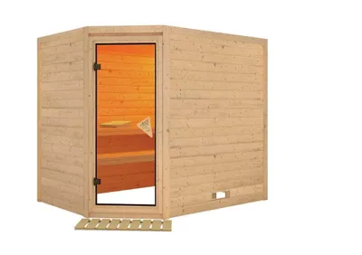 Productafbeelding van Karibu Sauna, binnensauna, model Tanami, hoekopstelling, zonder accessoires, afmetingen 259x210x205 cm, met daklijst