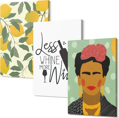 Produktbild von Leinwandbilder – Wandbilder – Leinwandbild – Canvas Bild – Polycanvas – Kunstdruck – – Modern – Aufhängefertig – Mehrteilig – 3-Teilig – 20x30 Cm Pro Bild - Zitronen-Slogan über Weinporträt von Frida Kahlo