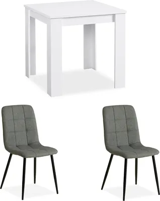 Image de Table 80x80 cm Group Salle à Manger 2 Chaises Lin Gris Table à Manger en Bois Blanc