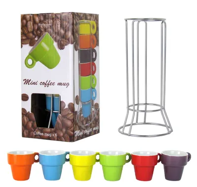 Produktbild von 7-teiliges Espresso-Set 6 Stück bunte Espressotassen aus Steingut inkl. Metallhalterung für 6 Personen