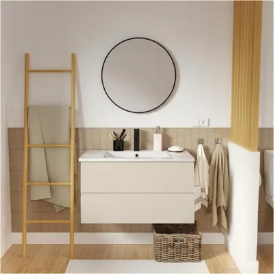Produktbild von Einzelwaschtisch 80 cm, Eichenoptik, mit Armatur und Spiegel, SORRENTO