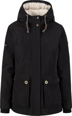 A black hooded jacket with a white fuzzy lining.