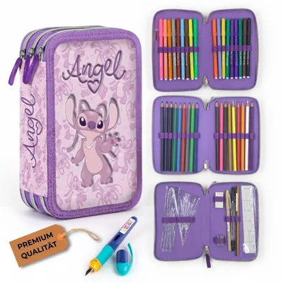 Produktbild von Federmäppchen 3 Fächer - Mäppchen für Mädchen - Federmappe 3-Fach Federtasche Gefüllte Schüleretui Schulmäppchen und Füller - Stitch