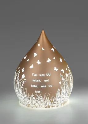 Produktbild von Deko-Tropfen in Frosty-Gold mit LED-Licht + Timer 13cm aus Farbglas mit Spruch:Tue was Du liebst