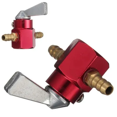 Two views of a red fuel shut-off valve with brass fittings and a silver lever.