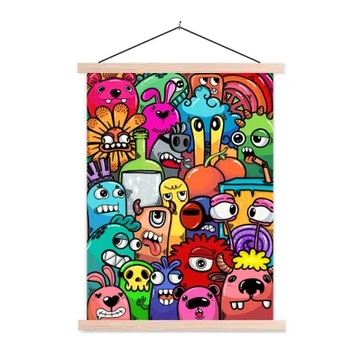Produktbild von MuchoWow® Textilposter Design - Regenbogen - Tiere - Monster - Lustig - Kind 120x160 cm mit holzfarbenen Rahmen - Plakatkarton