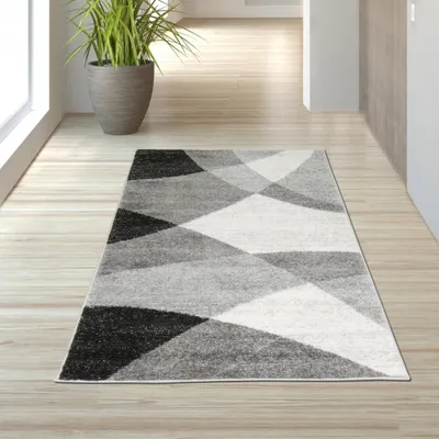 A modern rug with a geometric pattern is placed on a wooden floor in a hallway, with a potted plant in the background.